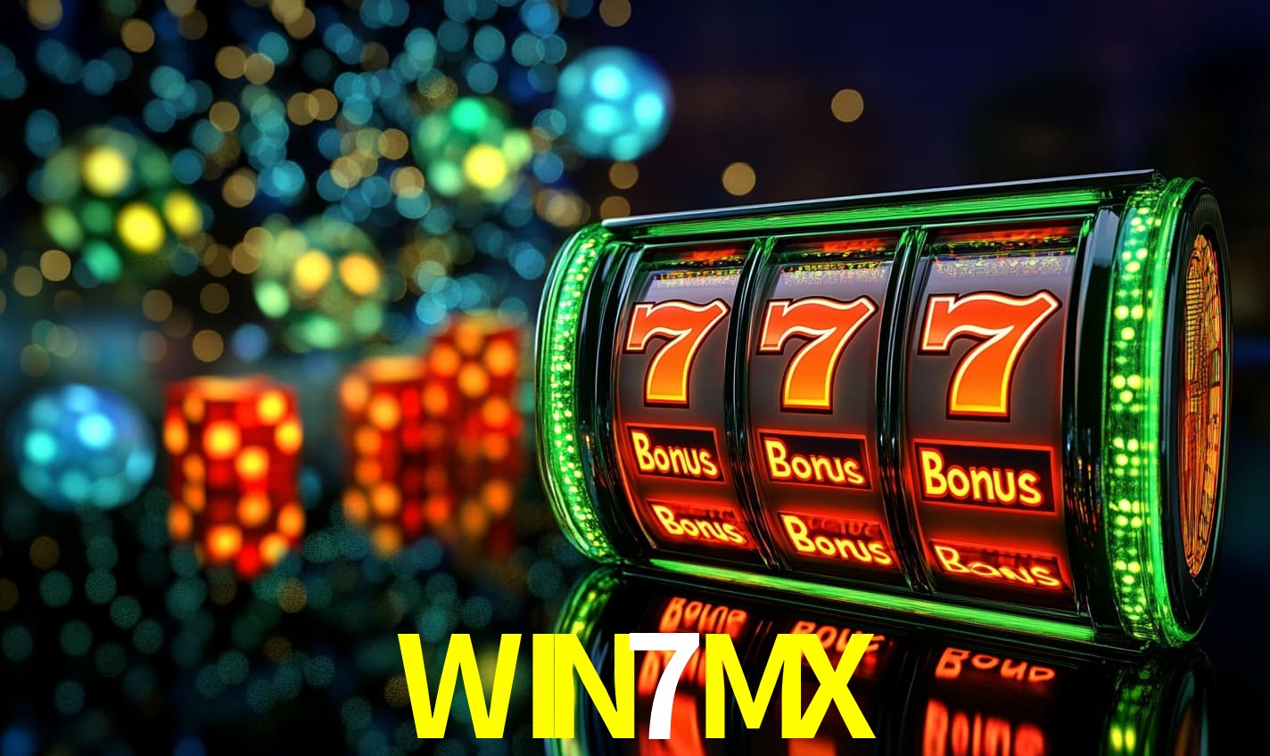 Escena dinámica inspirada en casino con iluminación WIN7MX, cartas, fichas e íconos de juegos digitales en un espacio moderno de juegos.